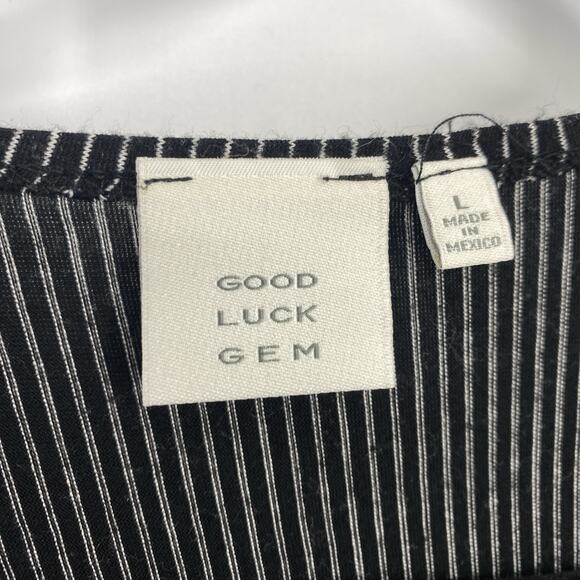 Good Luck Gem faux Wrap Top Size Large Black Micro Stripe Long Sleeves - Picture 8 of 8